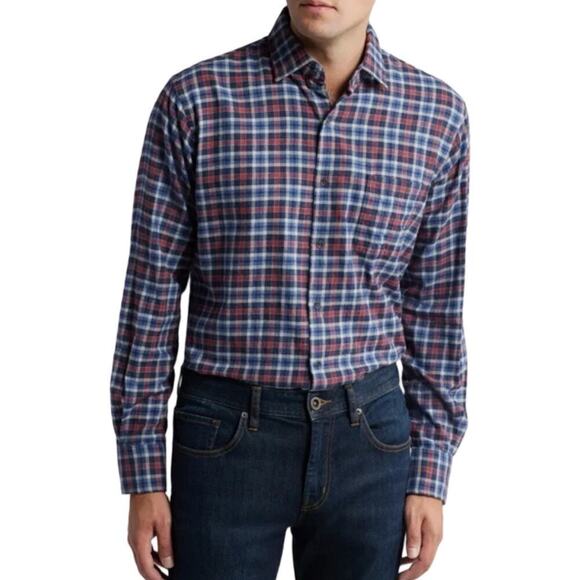 Peter Millar Gander Printed Button Up Plaid Shirt Size L Navy Classic Preppy NEW - Picture 2 of 10